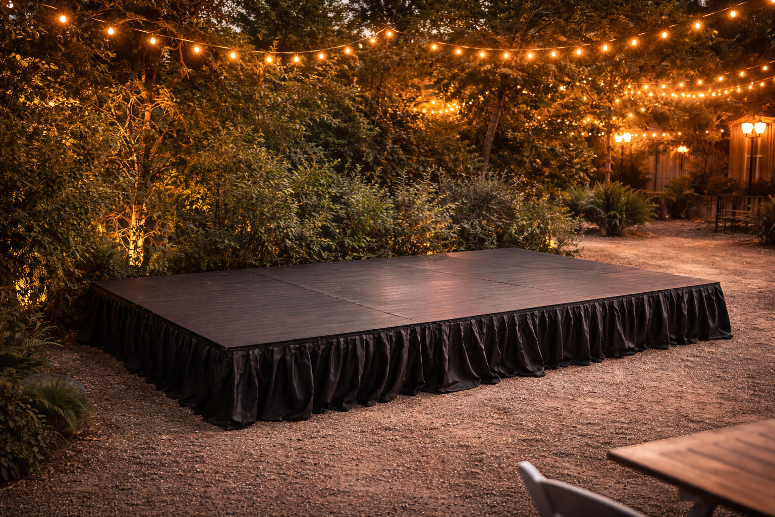 Portable stage rental set up outdoors at a Charlotte NC event with string lights