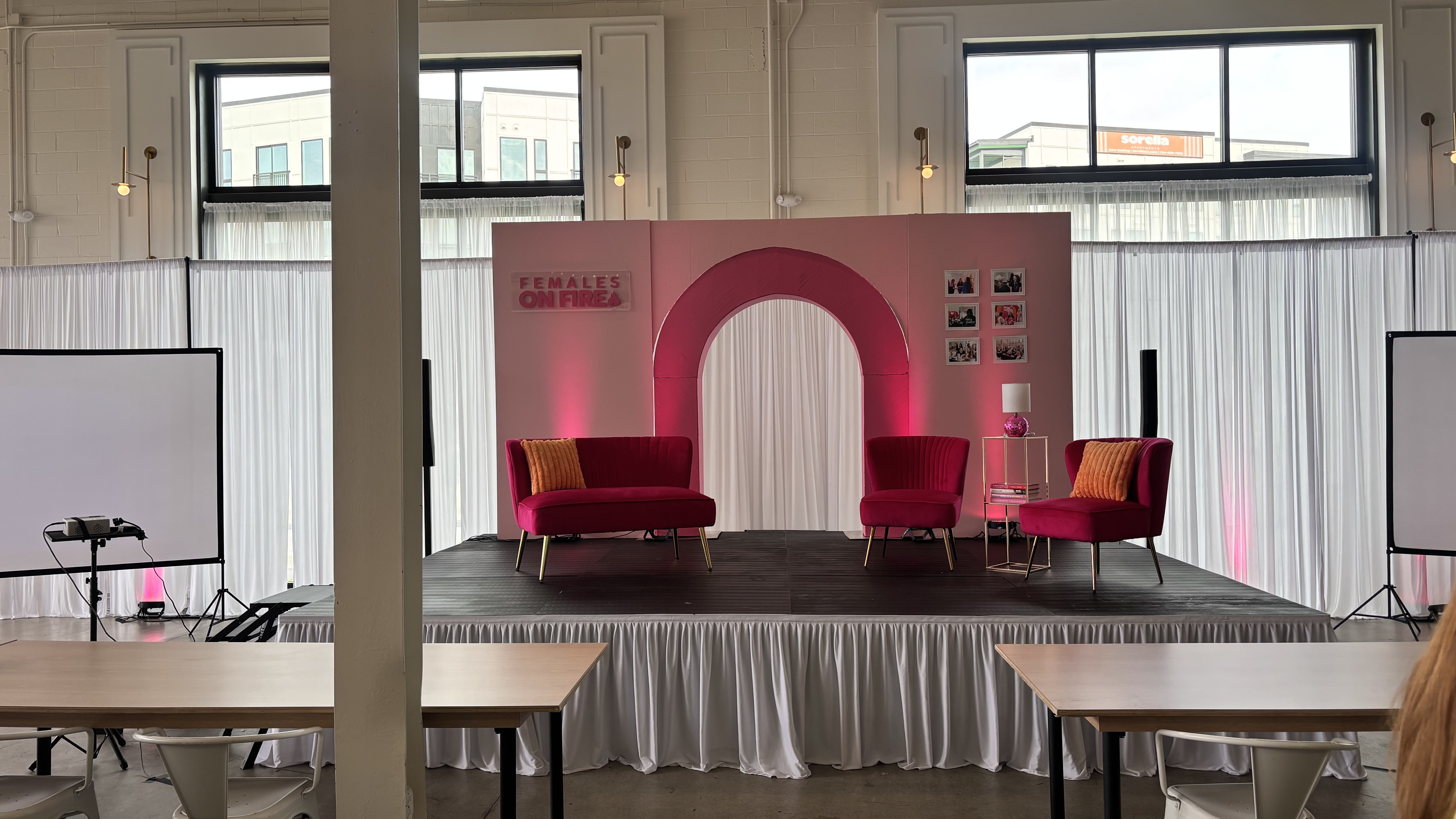Panel stage rental for a podcast and talk show in Plaza Midwood, Charlotte NC